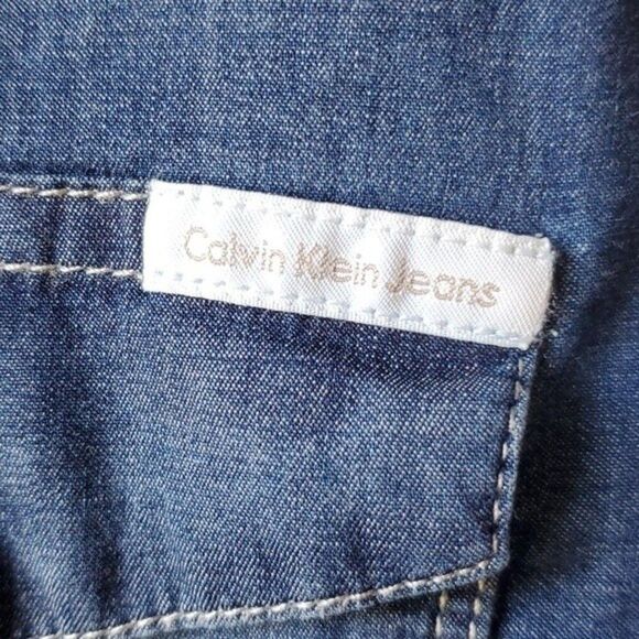 CALVIN KLEIN JEANS STRETCH DENIM WHITE SNAP UP SHIRT SIZE LARGE RODEO WESTERN - Picture 2 of 10